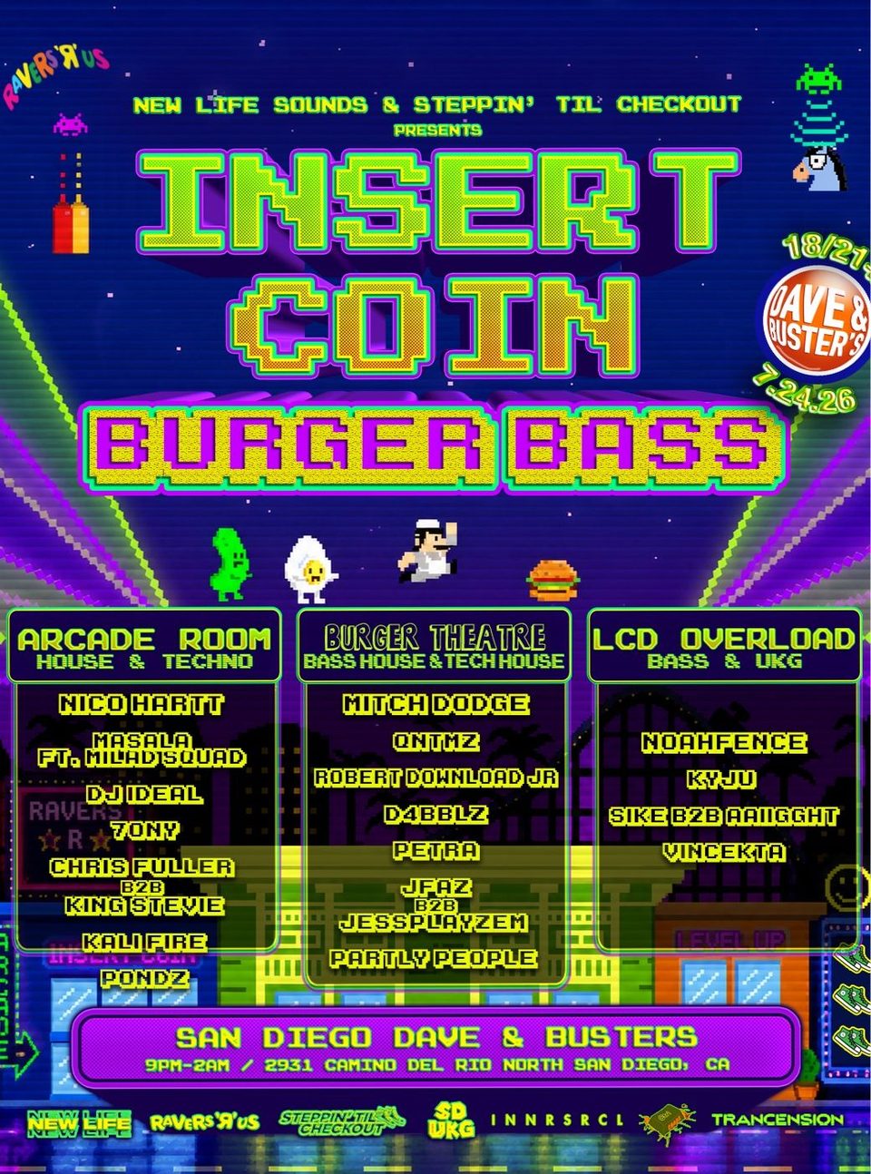 Poster for INSERT COIN: BURGER BASS (Comic-Con Arcade Rave) 18/21+