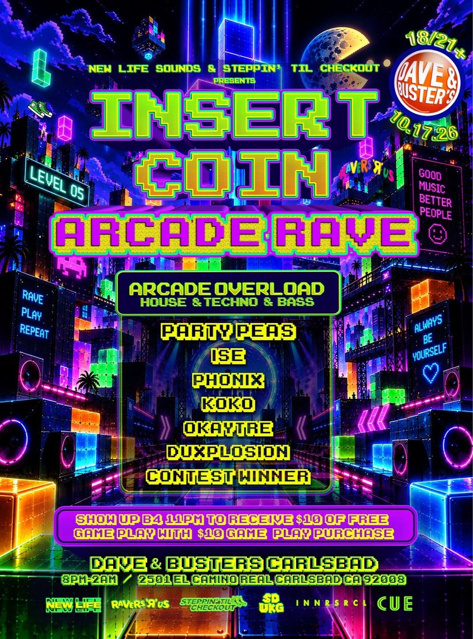 Poster for INSERT COIN: North San Diego Arcade Rave (18/21+)